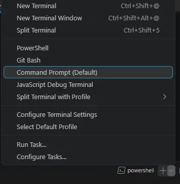 VSCodeのターミナルをCommand Promptに切り替える画面